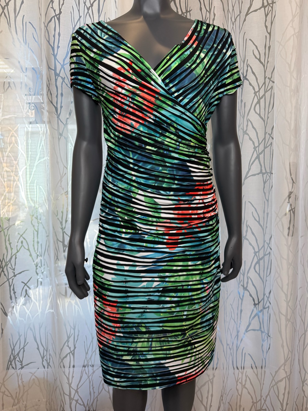 Joseph Ribkoff Tropical Striped Faux Wrap Ruched Sheath Dress Size 10 # 181698